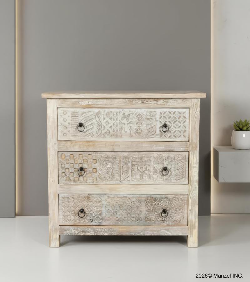 SOLID RECLAIMED TEAK WOOD HAND CARVED DRESSER BUREAU CABINET 3 DRAWERS