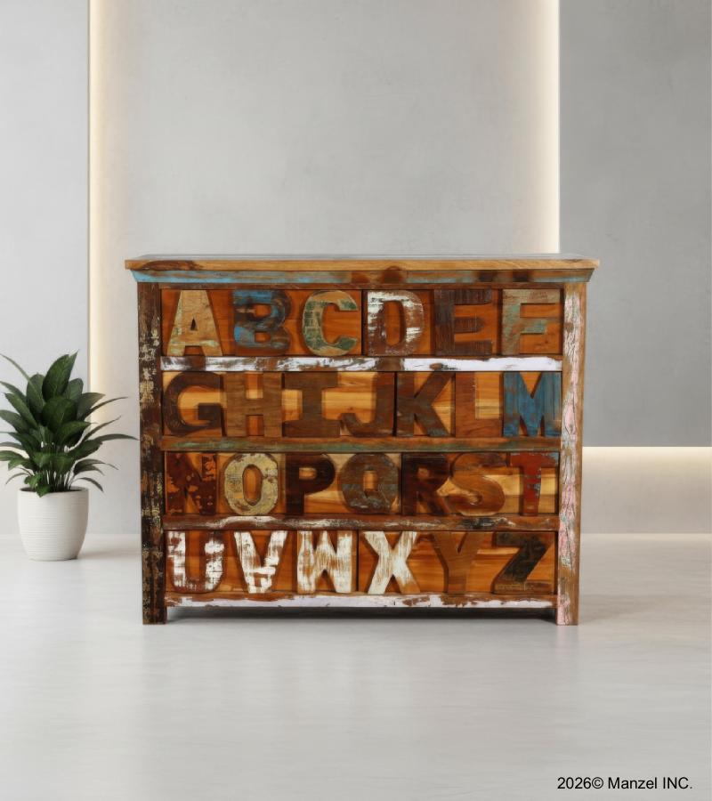 HAND CARVED SOLID RECLAIMED TEAK WOOD 'ABC' DRESSER BUREAU