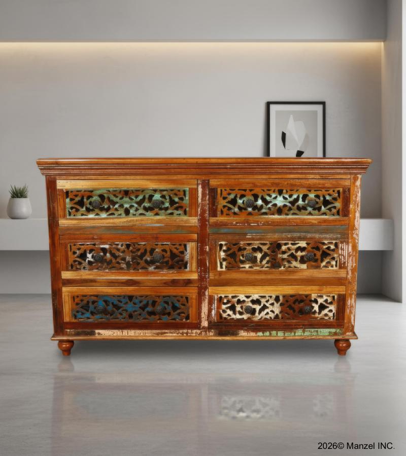 HAND CARVED SOLID RECLAIMED TEAK WOOD 6 DRAWER DRESSER CHEST BUREAU SIDEBOARD