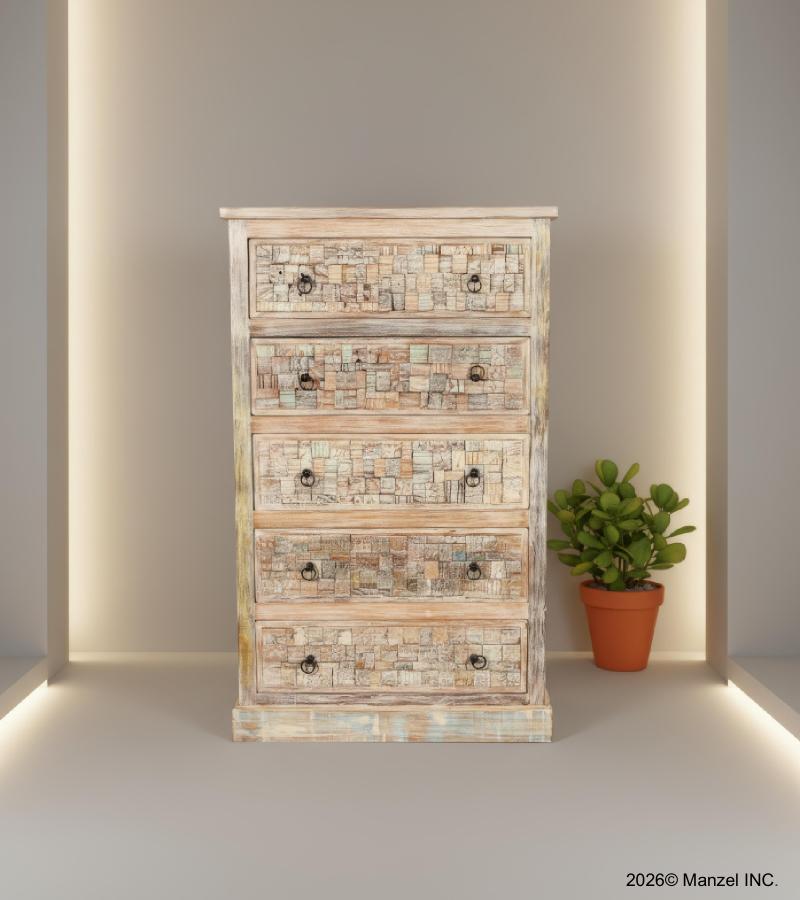 Solid Reclaimed Teak Wood Dresser Bureau Chest w/ Carved Detail