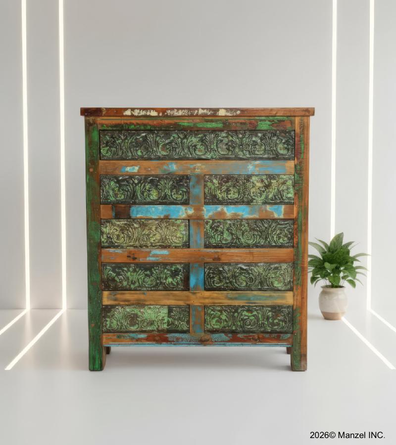 SOLID RECLAIMED TEAK WOOD & DISTRESSED METAL 9 DRAWER DRESSER CHEST BUREAU