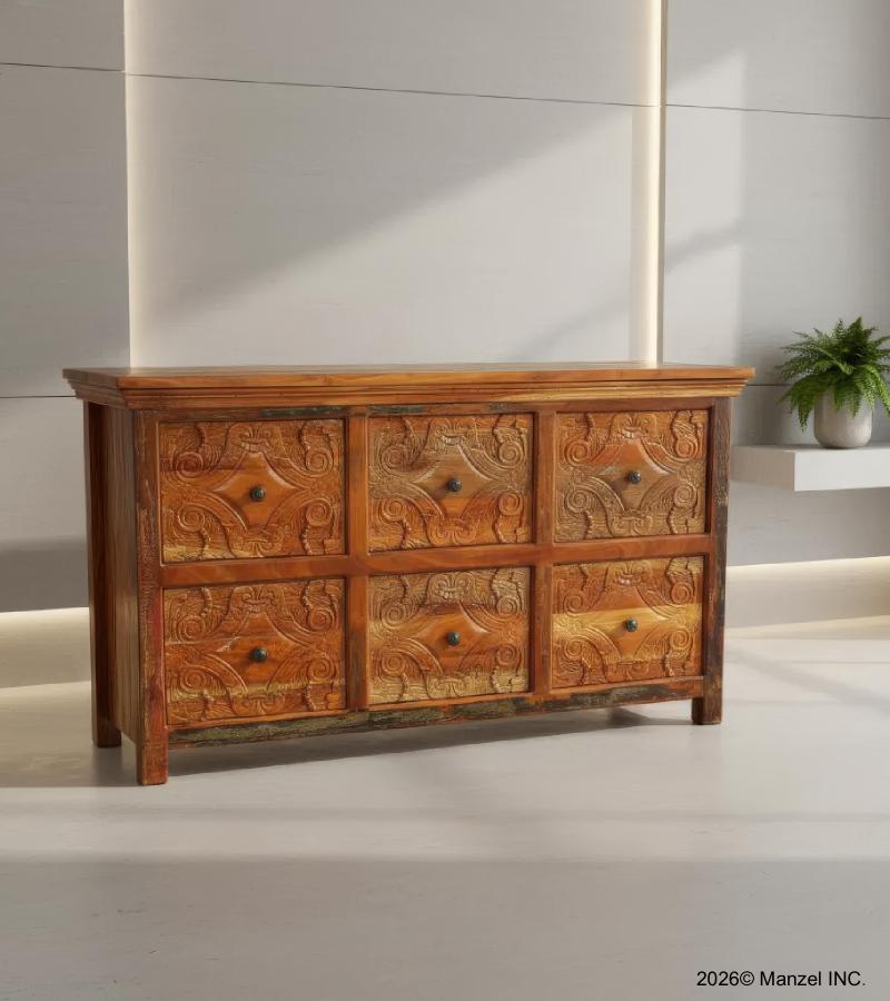HAND CARVED SOLID RECLAIMED TEAK WOOD DRESSER SIDEBOARD BUREAU