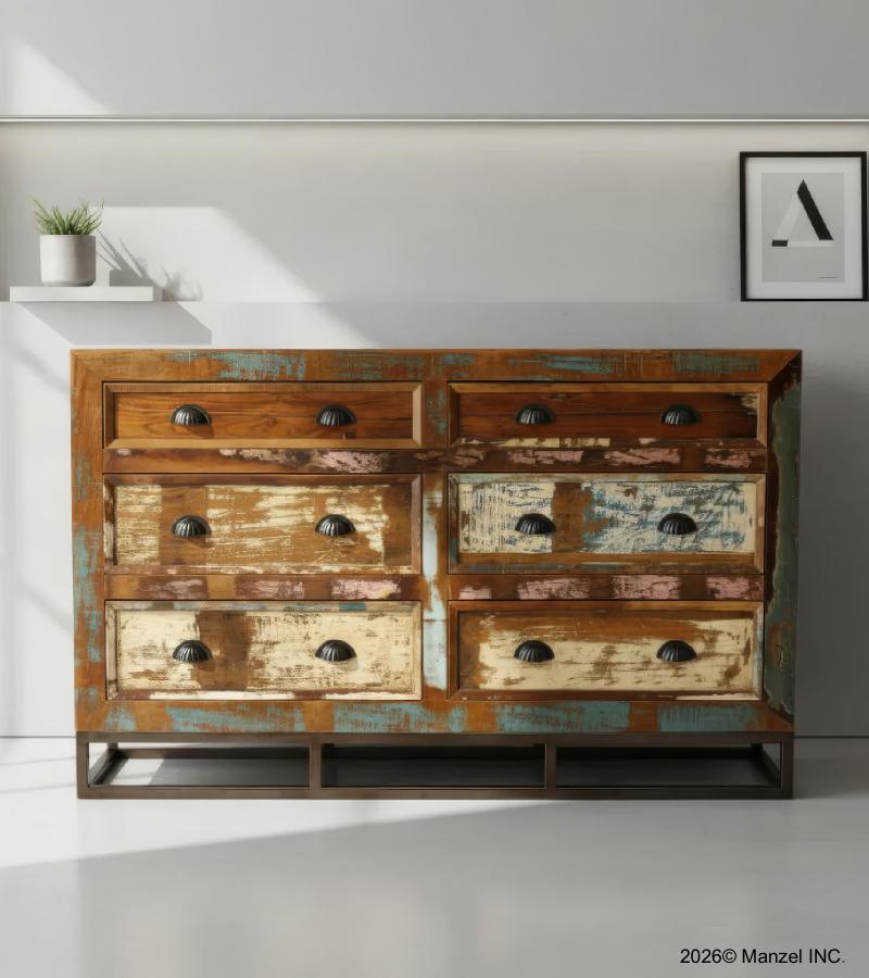 SOLID RECLAIMED TEAK WOOD & IRON BUREAU DRESSER