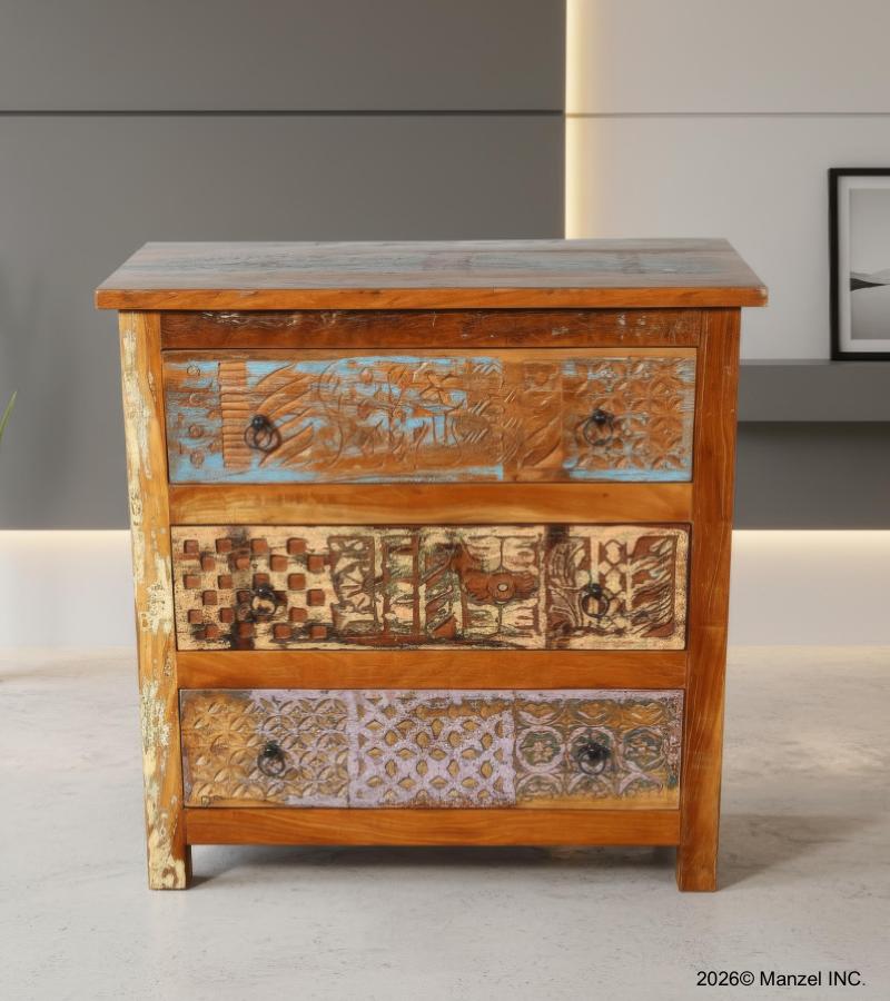SOLID RECLAIMED TEAK WOOD HAND CARVED DRESSER BUREAU CABINET 3 DRAWERS