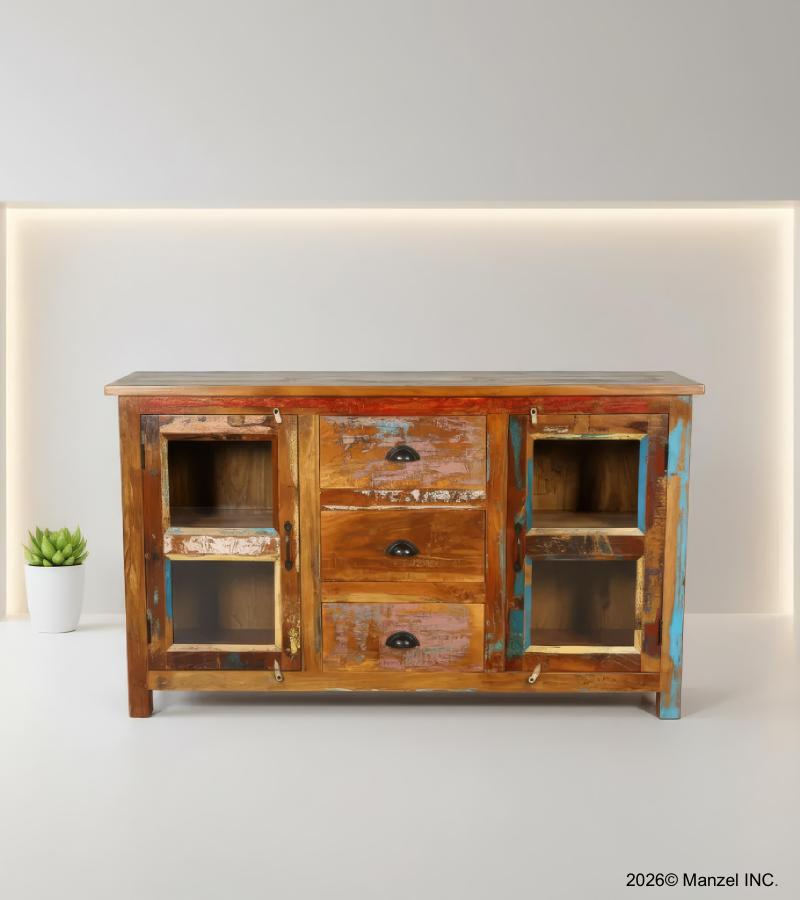 SOLID RECLAIMED TEAK WOOD & GLASS SIDEBOARD