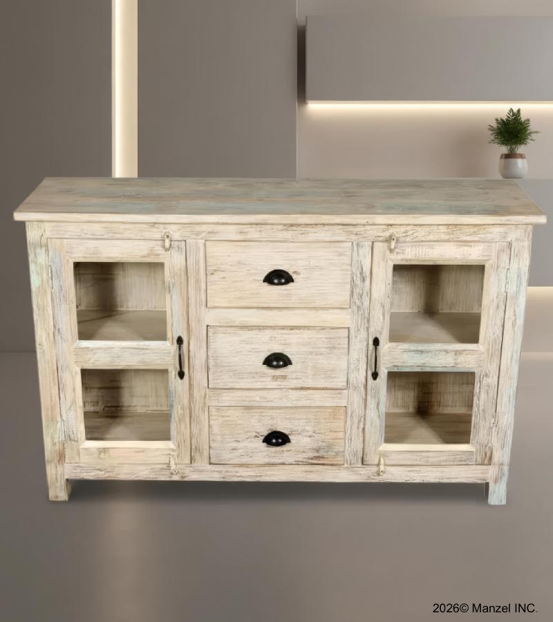 SOLID RECLAIMED TEAK WOOD & GLASS SIDEBOARD