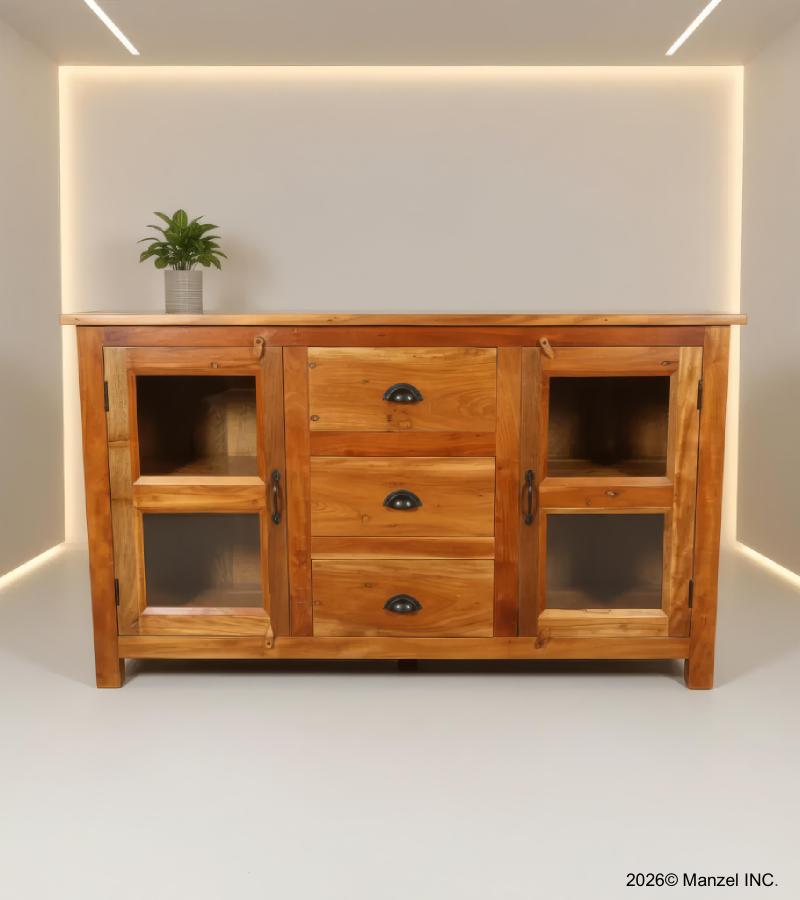 SOLID RECLAIMED TEAK WOOD & GLASS SIDEBOARD