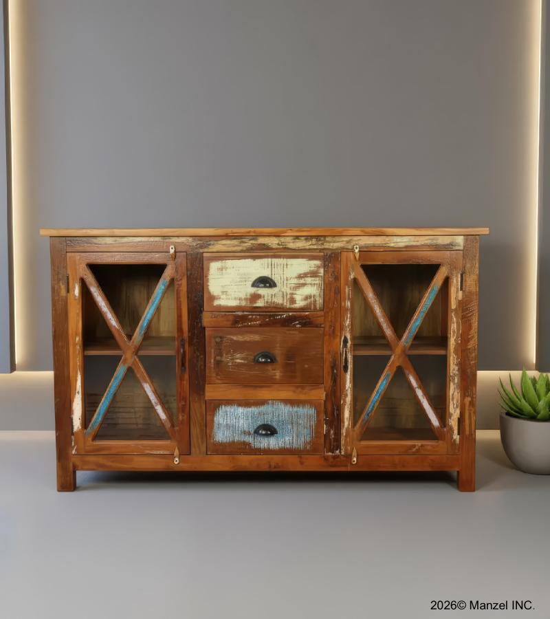 SOLID RECLAIMED TEAK WOOD & GLASS SIDEBOARD