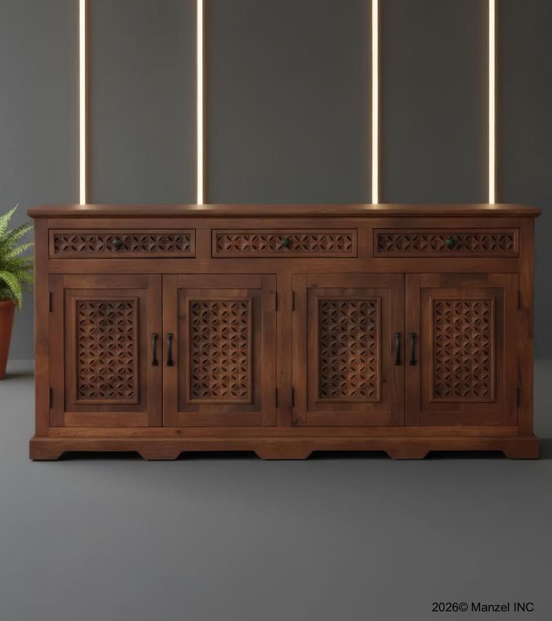 4 DOOR CARVED WOOD SIDEBOARD W/ DRAWERS