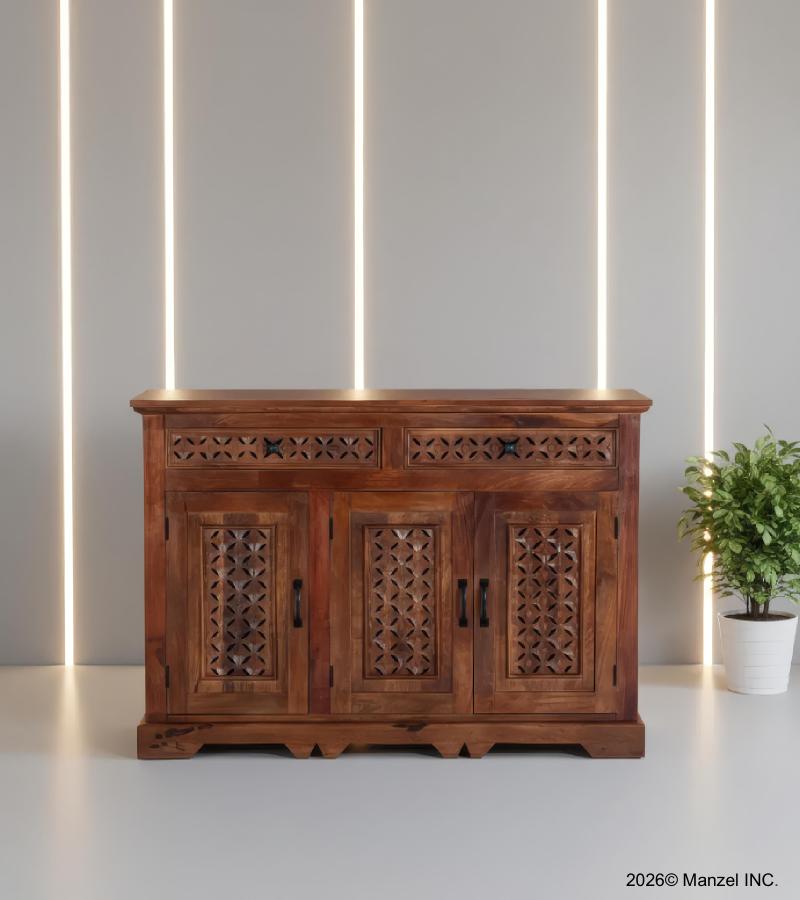 CARVED WOOD SIDEBOARD W/ 3 DOORS & DRAWERS