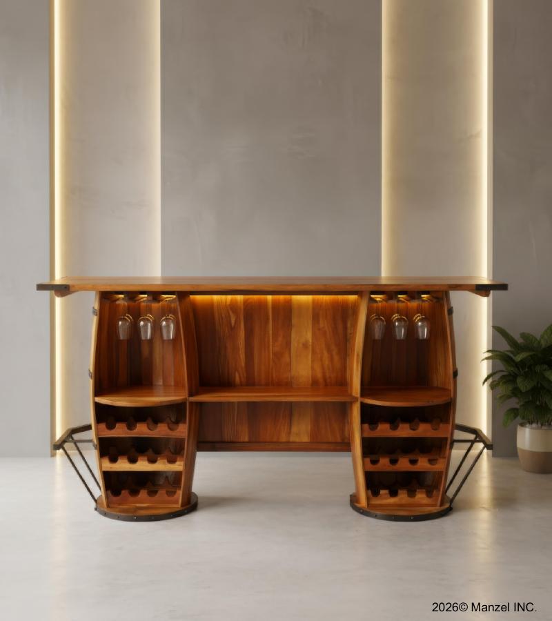 SOLID RECLAIMED TEAK WOOD & IRON DOUBLE BARREL BAR 