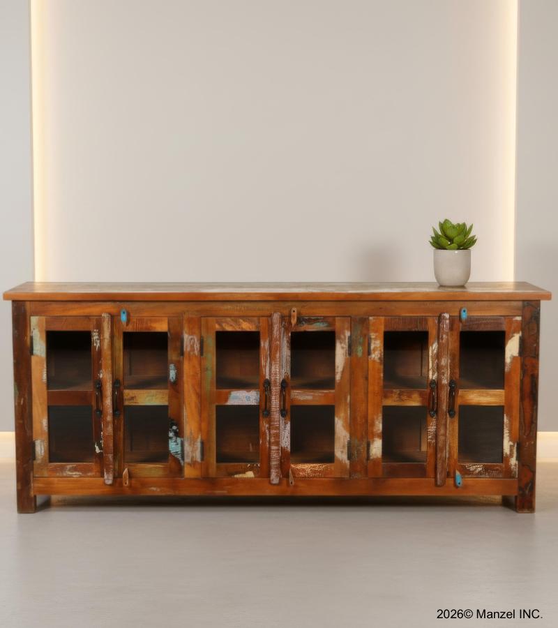 SOLID RECLAIMED TEAK WOOD & GLASS SIDEBOARD