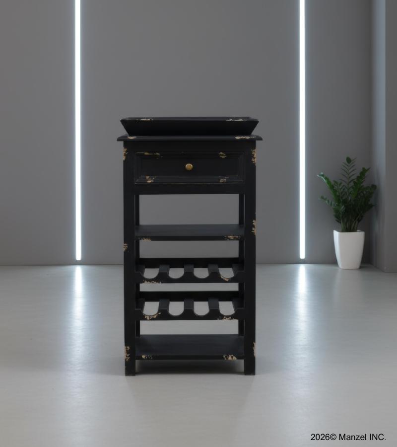 SOLID WOOD WINE BAR W/ SHELVES, DRAWER & TRAY