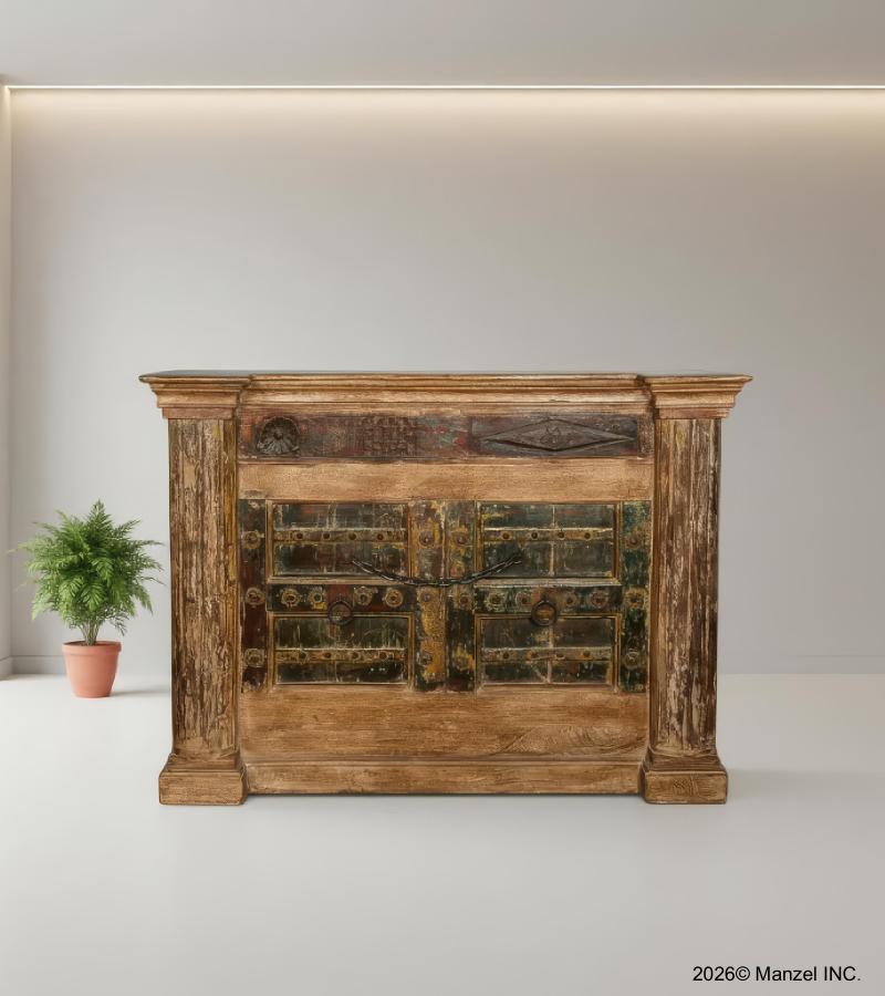 SOLID RECLAIMED TEAK WOOD W/ DECORATIVE IRON  BAR
