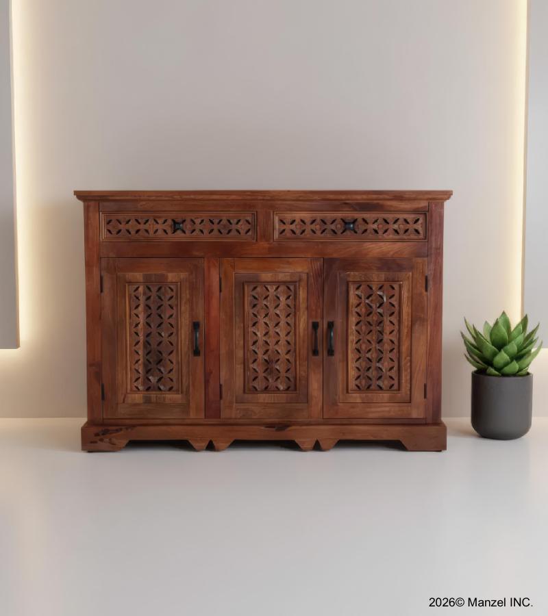 HAND CARVED WOOD SIDEBOARD CABINET