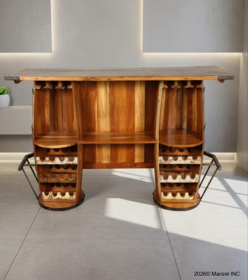 SOLID RECLAIMED TEAK WOOD & IRON DOUBLE BARREL BAR 