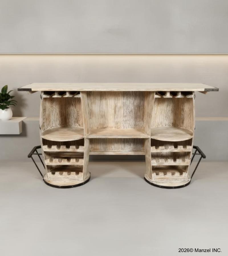 SOLID RECLAIMED TEAK WOOD & IRON DOUBLE BARREL BAR 
