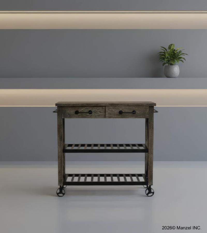 SOLID WOOD & IRON KITCHEN TROLLEY ON WHEELS