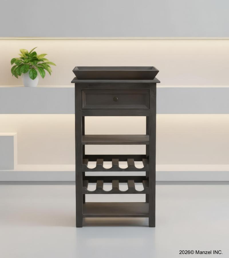 SOLID WOOD WINE BAR W/ SHELVES, DRAWER & TRAY