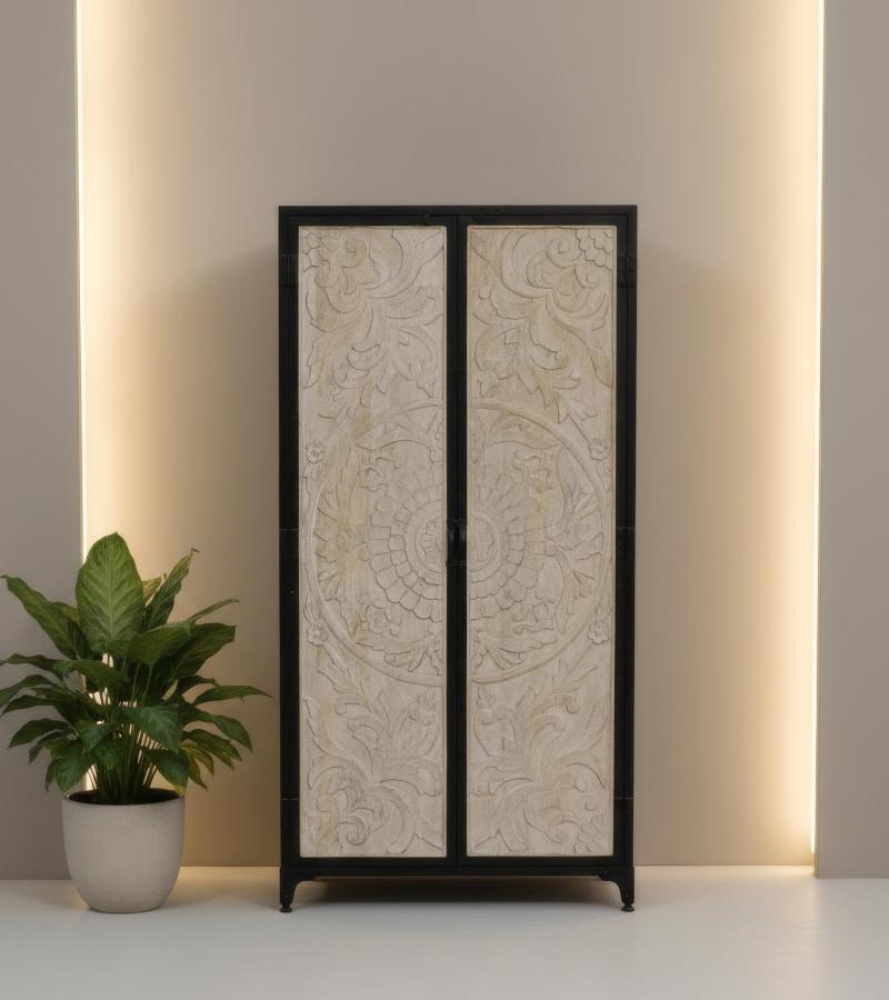 SOLID CARVED WOOD + METAL DOUBLE DOOR CABINET