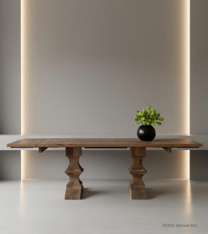 SOLID WOOD PEDESTAL EXTENSION DINING TABLE