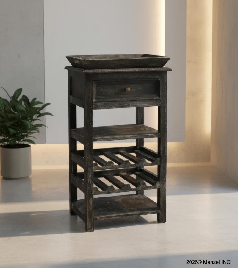 SOLID WOOD WINE BAR W/ SHELVES, DRAWER & TRAY