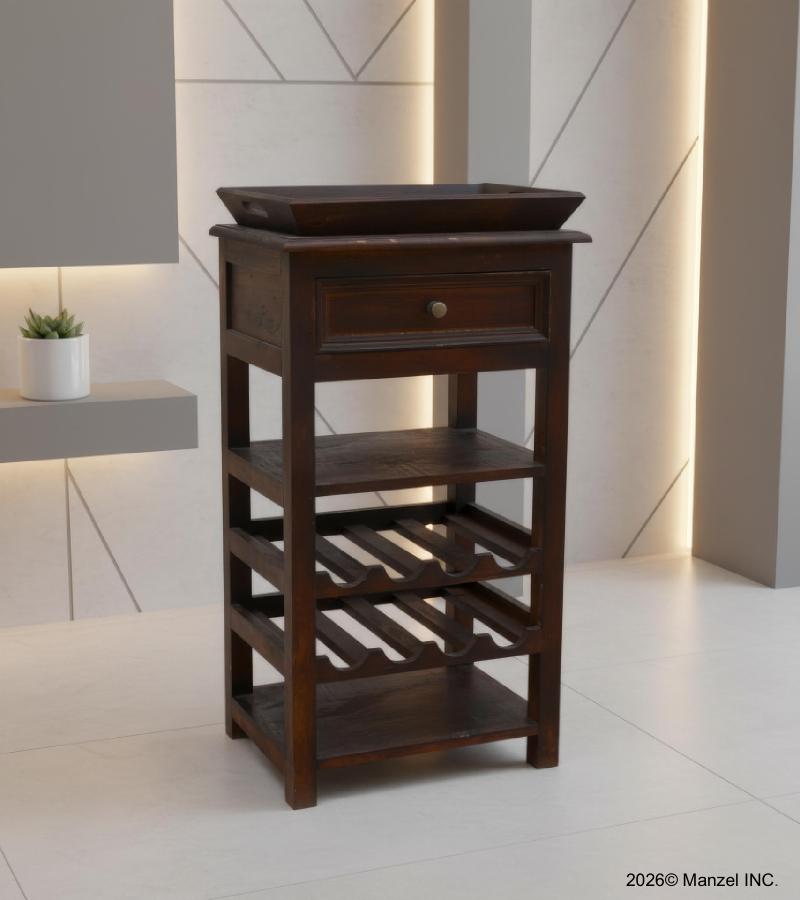 SOLID WOOD WINE BAR W/ SHELVES, DRAWER & TRAY