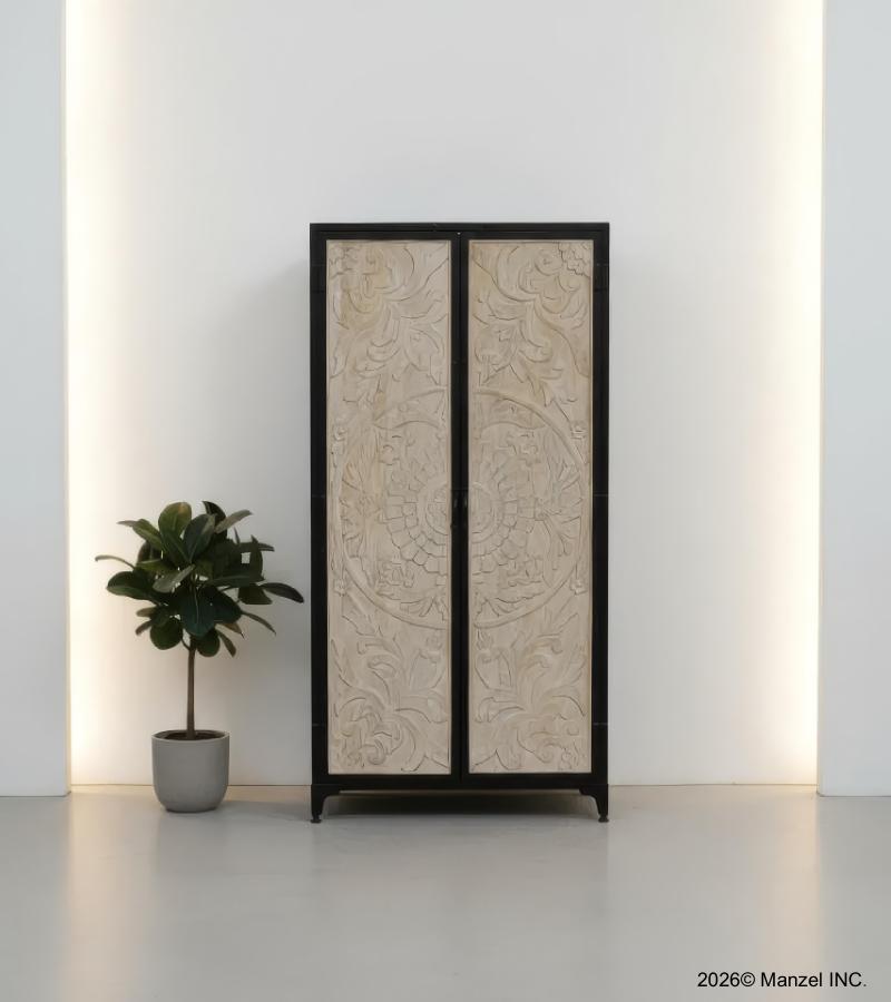 SOLID CARVED WOOD + METAL DOUBLE DOOR CABINET