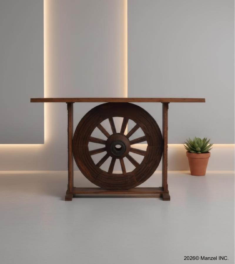 SOLID RECLAIMED WOOD WHEEL CONSOLE / BAR TABLE