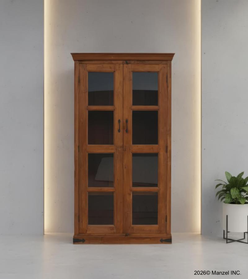 SOLID RECLAIMED TEAK WOOD & GLASS TALL CABINET