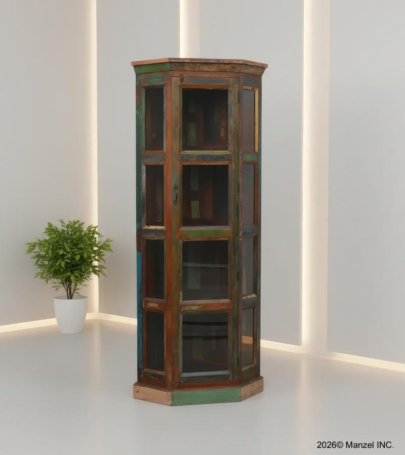 SOLID RECLAIMED WOOD & GLASS CORNER CABINET