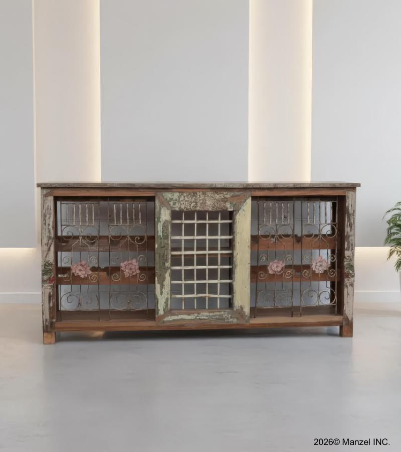 IRON & SOLID RECLAIMED WOOD BAR W/ DECORATIVE DESIGN