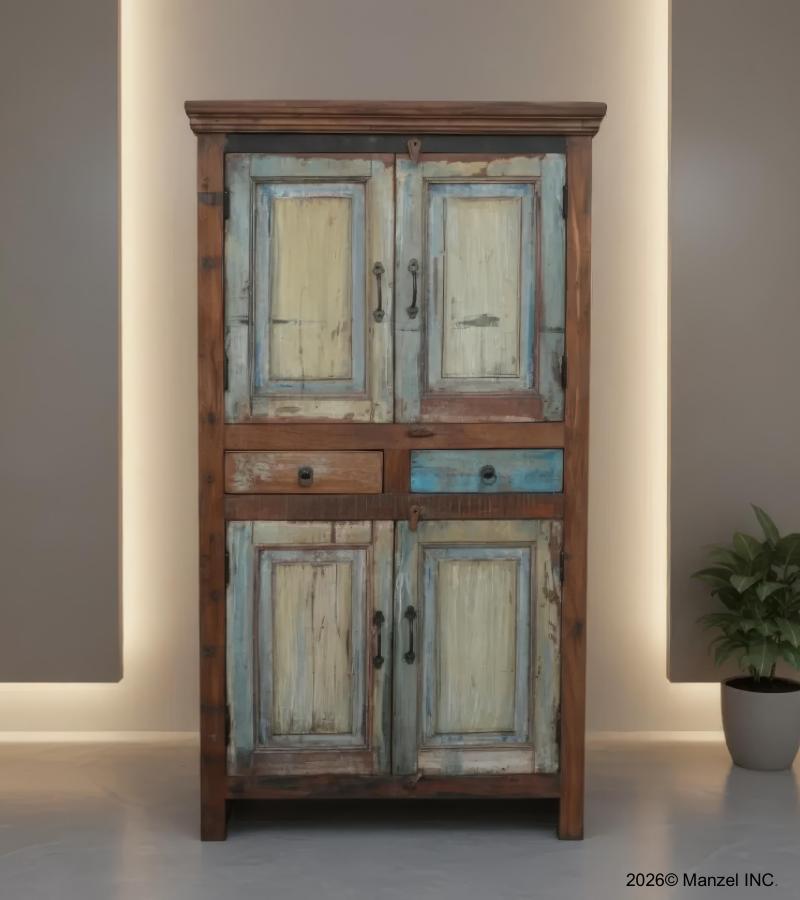 SOLID RECLAIMED TEAK WOOD 4 DOOR & 2 DRAWERS CABINET