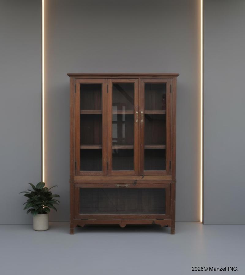 VINTAGE SOLID RECLAIMED TEAK WOOD & GLASS CABINET
