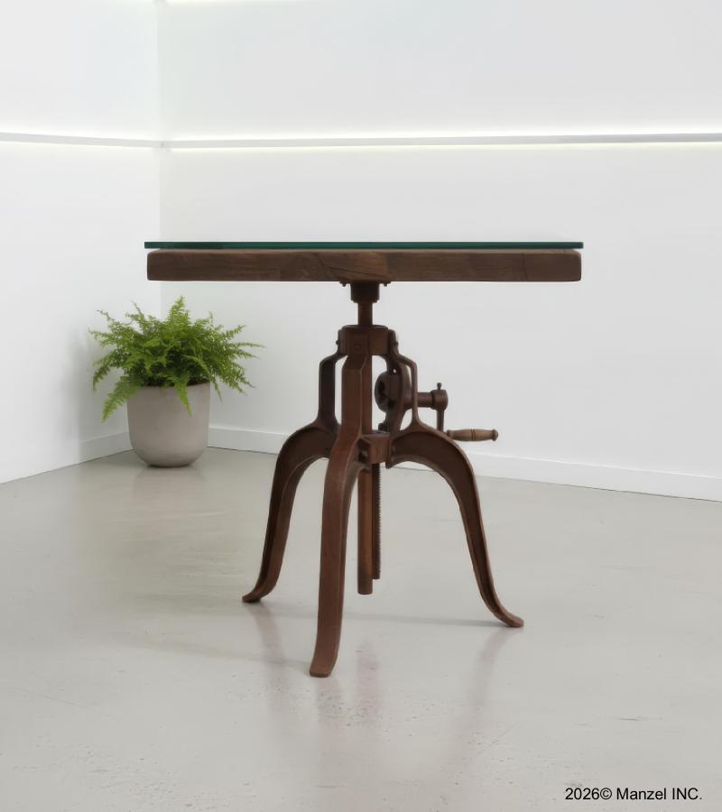 Industrial SOLID WOOD & Iron ADJUSTABLE HEIGHT Crank Pub Table W/ GLASS