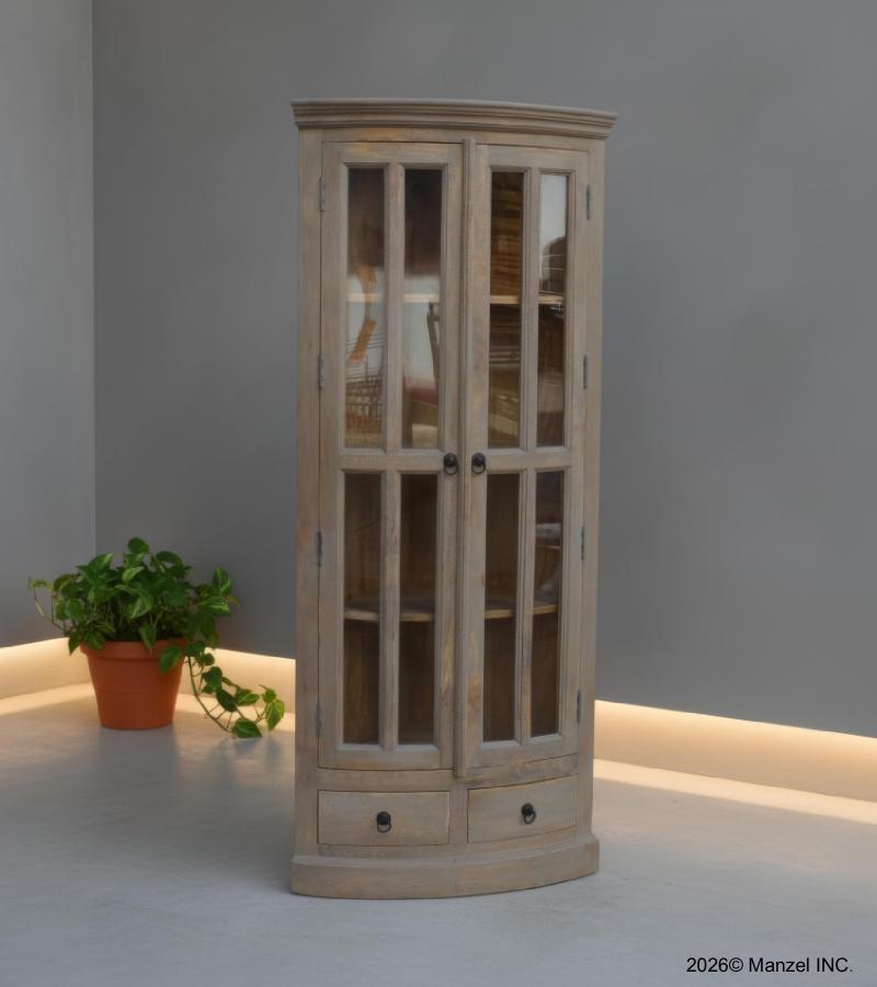 SOLID WOOD & GLASS CORNER CABINET W/ 2 DRAWERS