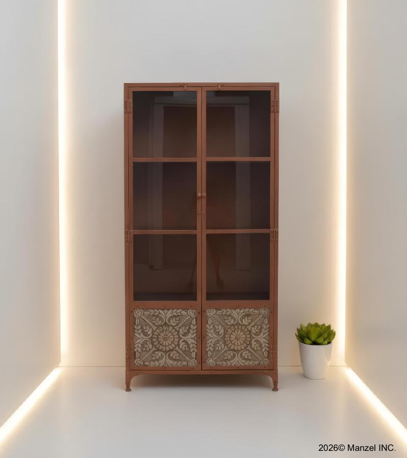 SOLID CARVED WOOD, IRON & GLASS CABINET