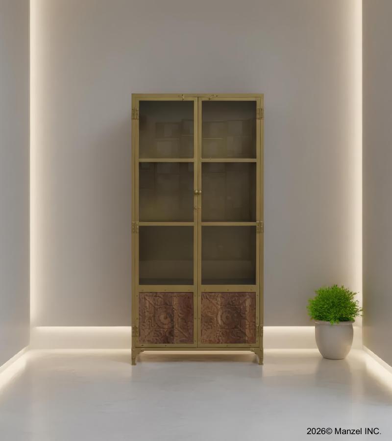 SOLID CARVED WOOD, IRON & GLASS CABINET