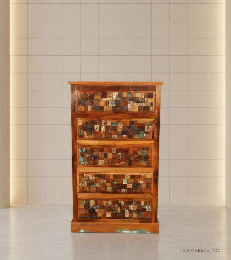 Solid Reclaimed Teak Wood Dresser Bureau Chest w/ Carved Detail