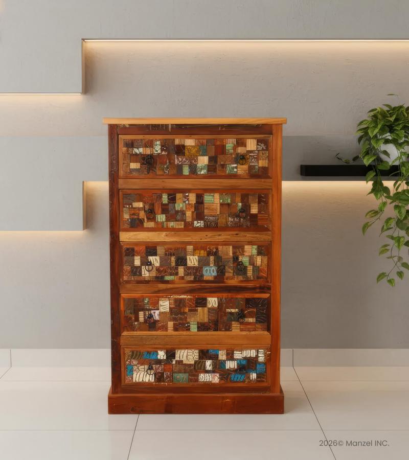 Solid Reclaimed Teak Wood Dresser Bureau Chest w/ Carved Detail