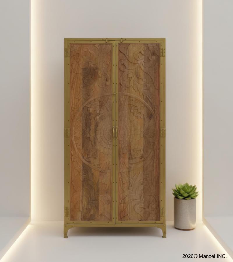 SOLID CARVED WOOD + METAL DOUBLE DOOR CABINET