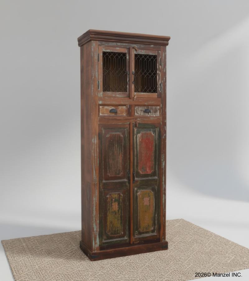 RECLAIMED CARVED TEAK STORAGE CABINET W DOORS & DRAWERS