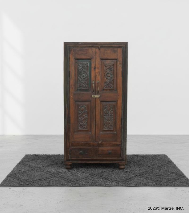 VINTAGE RECLAIMED TEAK WOOD HAND CARVED CABINET CUPBOARD
