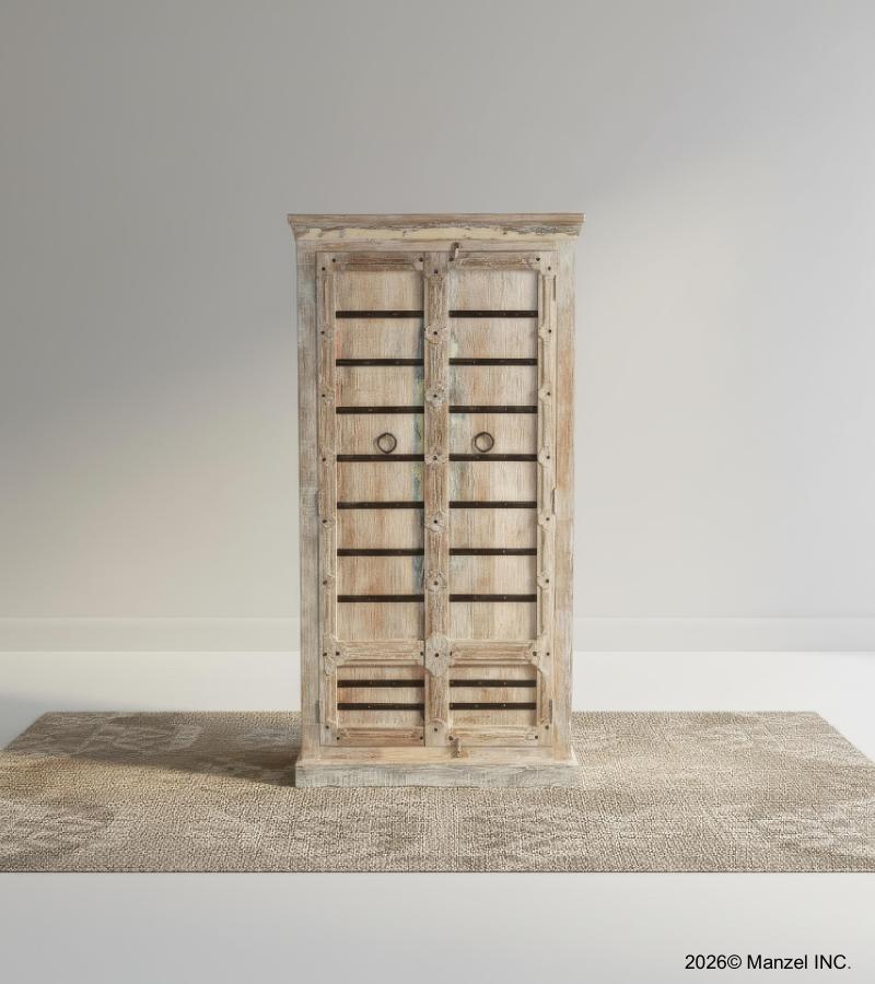 RECLAIMED CARVED WOOD STORAGE CABINET W/ IRON DETAILS