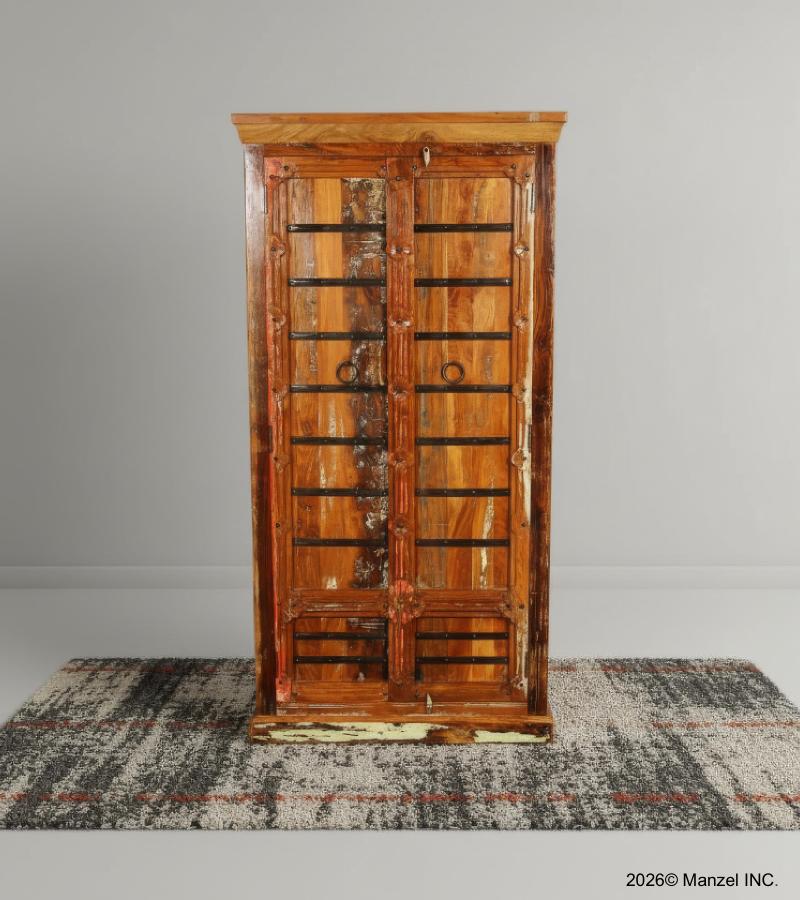 SOLID RECLAIMED CARVED TEAK WOOD STORAGE CABINET W/ IRON DETAILS