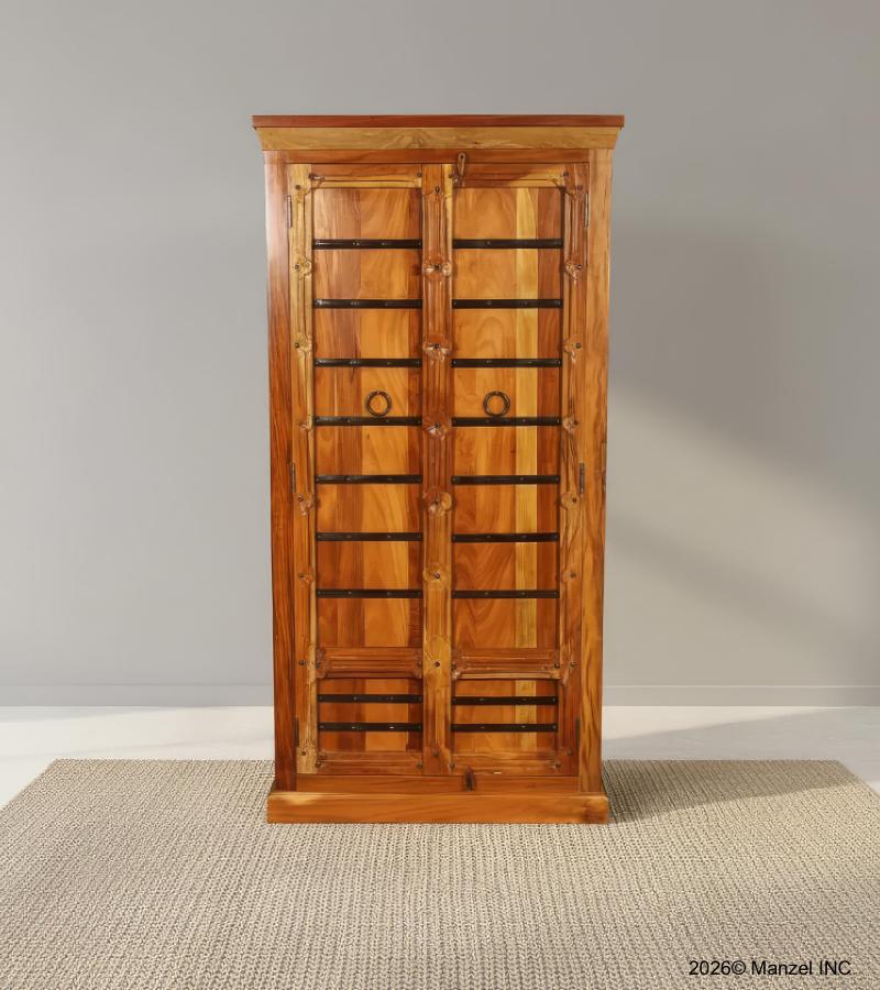 RECLAIMED CARVED WOOD STORAGE CABINET W/ IRON DETAILS