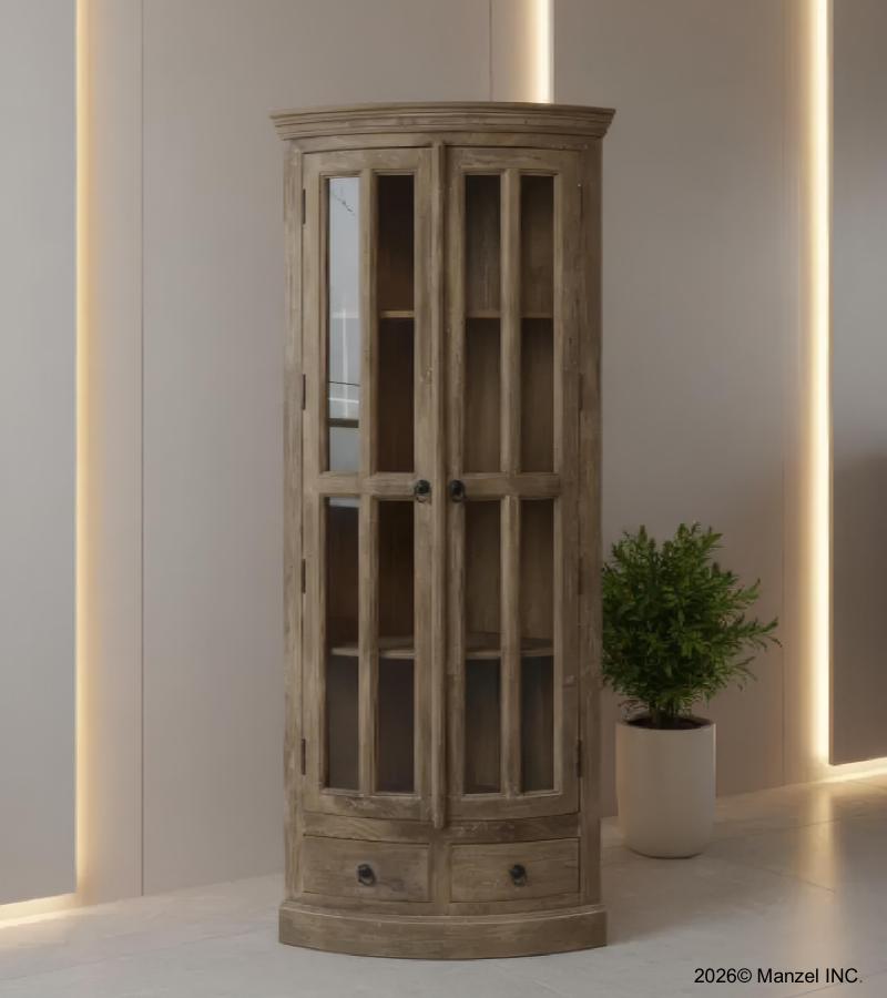 SOLID WOOD & GLASS CORNER CABINET W/ 2 DRAWERS