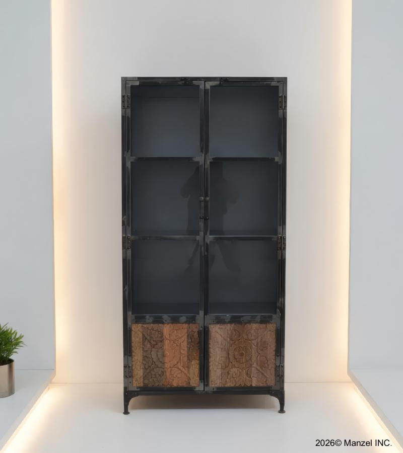 SOLID CARVED WOOD, IRON & GLASS CABINET