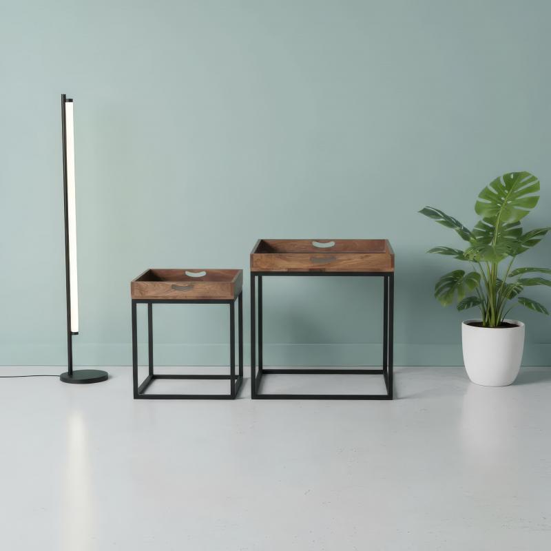 PAIR OF SOLID WOOD & IRON END TABLES