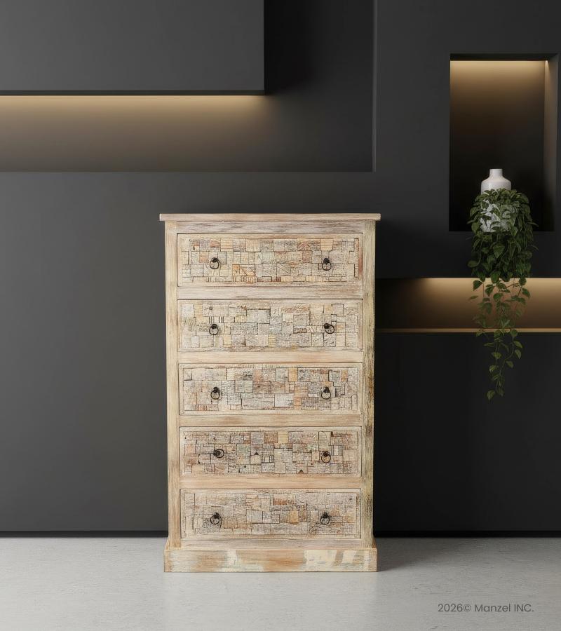 Solid Reclaimed Teak Wood Dresser Bureau Chest w/ Carved Detail